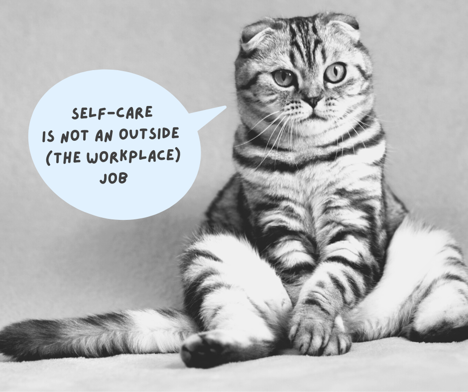 Cat sits with paws crossed, speech balloon reads, 'Self-care is not an outside (the workplace) job'