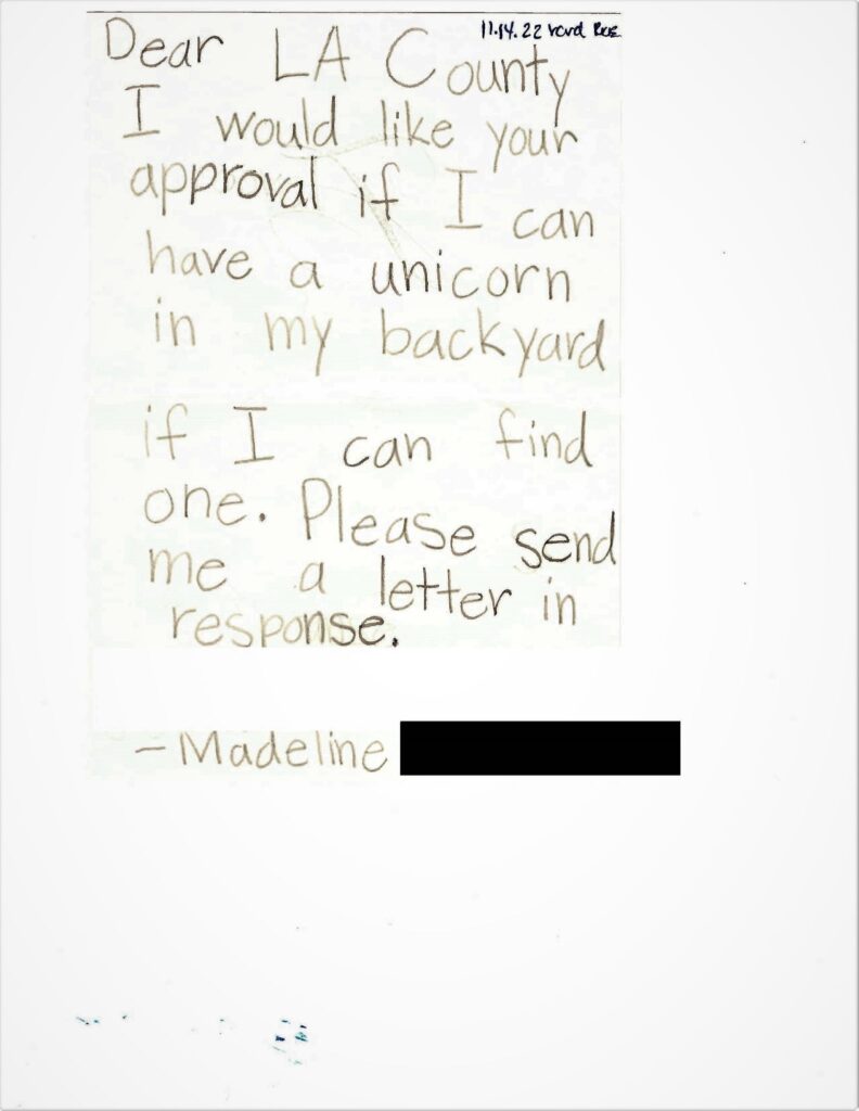 Photo of letter sent by Madeline
