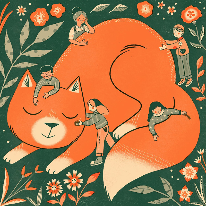 Jade Howe's illustration depicts community members petting and caring for a larger-than-life community cat, who sits happily in field of flowers.