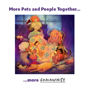 More Pets and People Together, more community. Art depicts multi-generational group creating an animal-themed quilt together