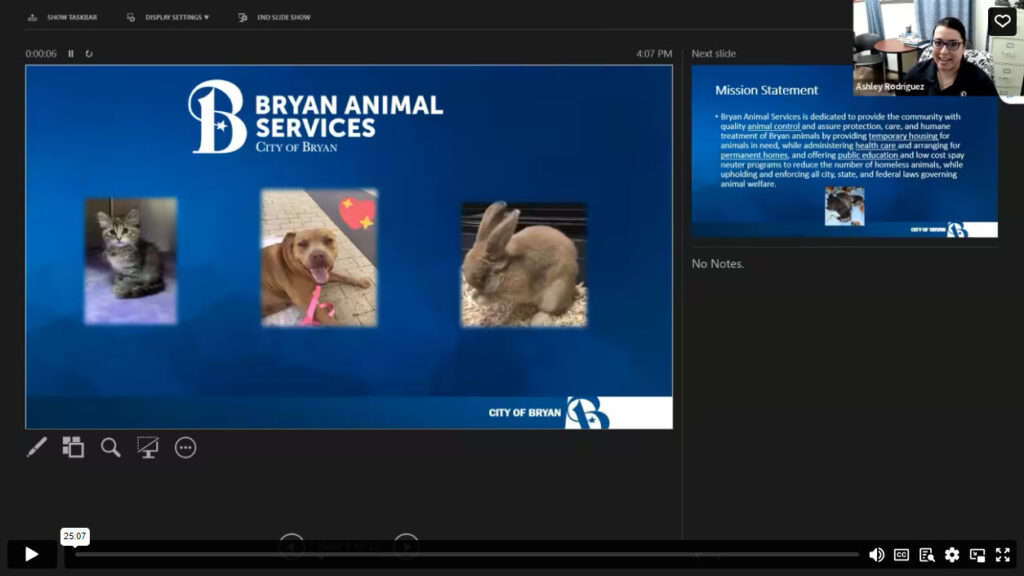 Screenshot of Ashley Rodriguez powerpoint slide featuring a cat, a dog and a bunny.