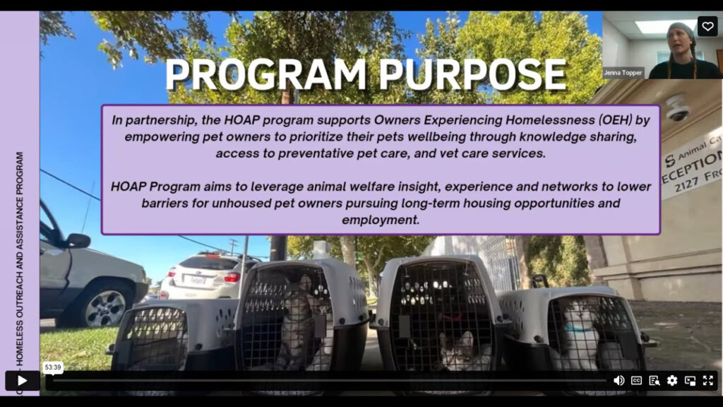 screenshot showing HOAP purpose with photo of cats in carriers, with Jenna in a window at top right.