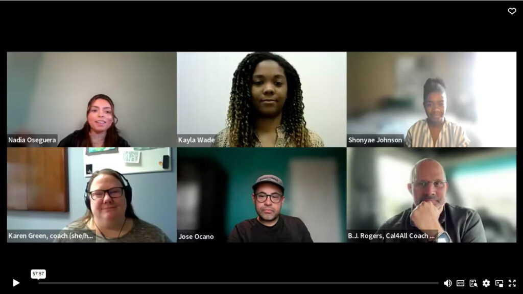 screenshot of zoom recording featuring moderator, panelists and coaches