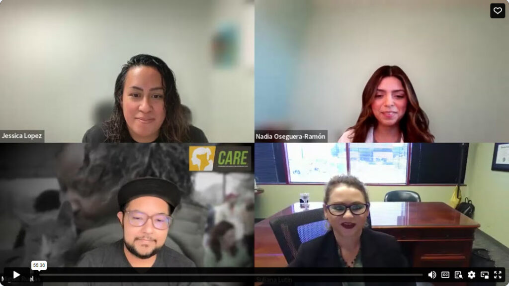 Panelists Jessica Lopez, Miguel Ruelas, and Suliana Lutin talk with Nadia Oseguera-Ramon