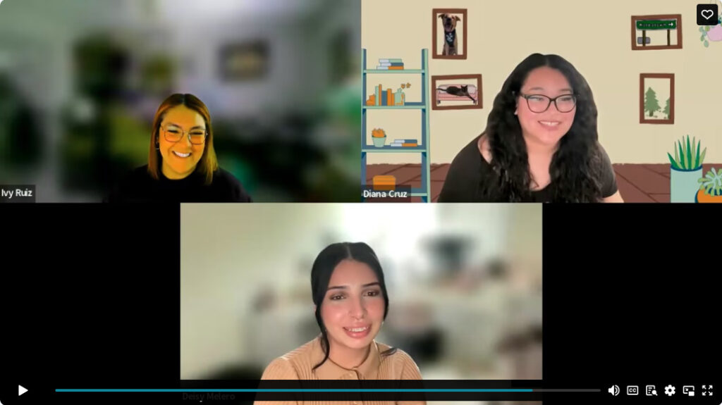 Zoom screengrab of Ivy Ruiz with Diana Cruz-Rivas and Deisy Melero of HEART LA